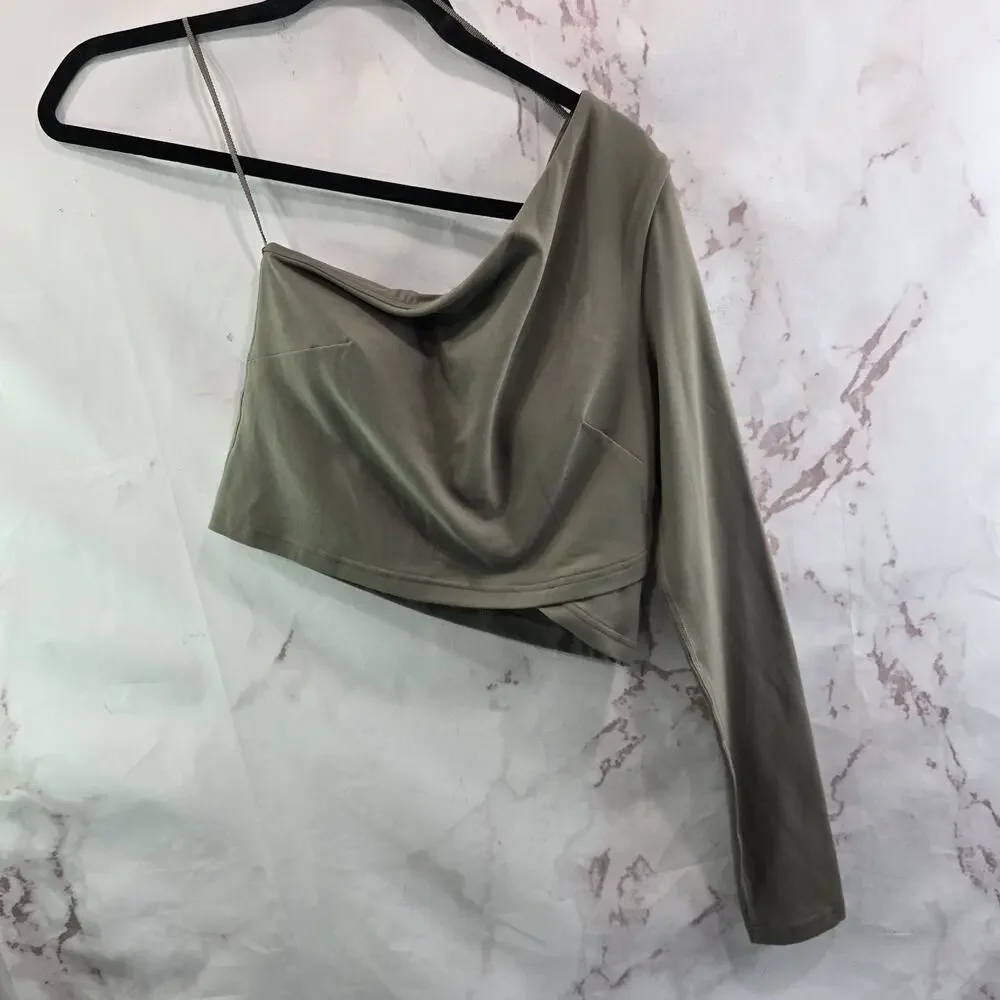 Lululemon Shirt Womens 6 Align LS Nomad Brown One Shoulder Crop Bra Asymmetric